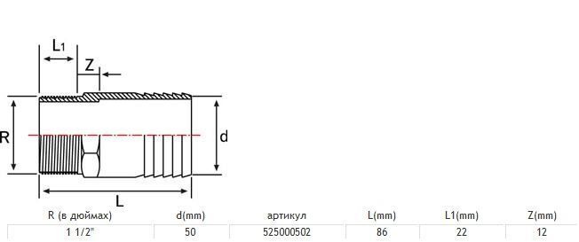 Адаптер 1 1/2" зовн., 50мм, Pimtas 525000502 525000502 фото Адаптер 1 1/2" зовн., 50мм, Pimtas 525000502 525000502 фото